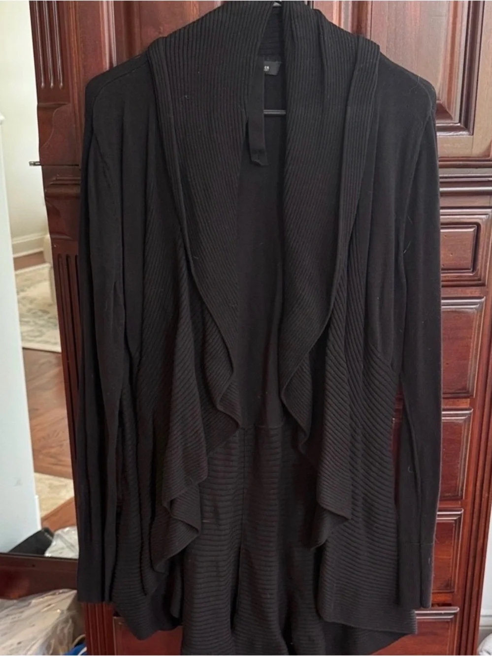 White House Black Market Black Waterfall Cardigan Draped Ribbed Knit L